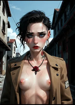 nude goth chick, ripped trench coat, flashing nude body, rose tattoo, heavy goth make-up, depressed, punk rock, sad, abandoned streets, late-90s cyberpunk hentai, hentai colour palette, gritty texture brushes, sharp inks, emotive character focus, destructive urban decay, atmosphere heavy, hentai screencap, incase, style, <lora:287175_training_data:.9>