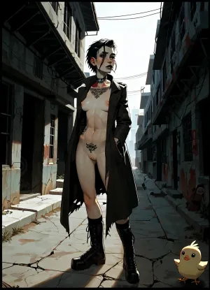 nude goth chick, ripped trench coat, flashing nude body, rose tattoo, heavy goth make-up, depressed, punk rock, sad, abandoned streets, late-90s cyberpunk hentai, hentai colour palette, gritty texture brushes, sharp inks, emotive character, destructive urban decay, atmosphere heavy, full body scene, incase, style, <lora:287175_training_data:.9>