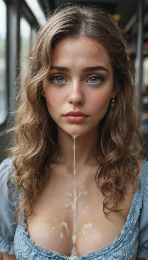 score_9, score_8_up, 4k, hdr, ultra high detailed, high resolution, close up portrait, in victorian train, cold lighting, high detailed photorealistic, cute scandinavian girl, athletic body, very long curly hair, light blond hair, ponytail hair, curvy skinny body, large breasts, fair skin, blue victorian dress, heavy rain, sad crying face expressions, tears on face, hanging head, (huge cum on decolette:1.8), cum on chin, fluxenh4nce, <lora:MJ52:2>, <lora:SDXLFaeTastic2400:2>, <lora:FLUXEnh4nce:2>, <lora:Adjust_SDXL_v3.0:2>
