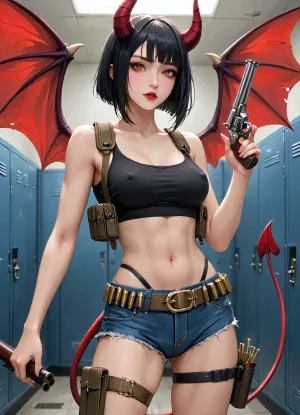 masterpiece, best quality, highly detailed, (anime:1.2), BREAK, (solo), ((a gorgeous 25 year old white succubus with, demonic wings on back, horns, tail)), (action pose of succubus loading ammo for her .45 revolver, she spins the revolver chamber and locks in the loaded bullets:1.1), in a locker room, she is putting on clothes, putting on equipment, tactical vest, low-cut black tank-top, denim shorts, riot helmet, (tactical belt with a stick_grenade), knee-pads, she is loading ammo into her .45 revolver, holsters, Velcro straps, fastener straps, radios, (natural b cup boobs, beautiful nipples, nipslip), (succubus has long black hair bob haircut:1.1), (orange eyes:1.1), slim, athletic, gymnast body, <lora:Animated_Concept:1>, <lora:add-detail-xl:.8>, <lora:Super_Eye_Detailer_By_Stable_Yogi_SDPD0:.8>