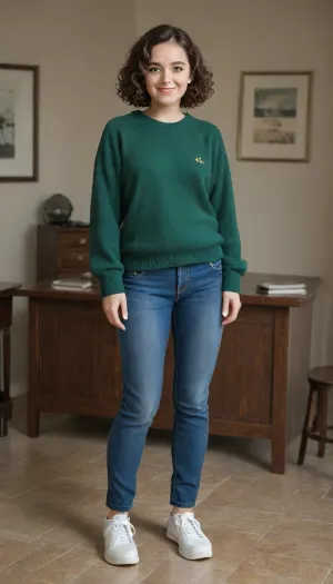 shy 28 year old woman, full body shot, (smiling), (highly detailed facial expression), (room with cheap desk), ((well-built figure)), (slightly chubby long legs:.8), (normal upper body), (short brown wavy hair), (curly bobcut), (short dark brown hair), ((standing insecurely)), small breasts, flat chest, (dark green cashmere pullover:1.1), (dark green jumper), (emerald pullover), (wearing long blue jeans:1.2), (wearing white sneakers), (well-built upper body)