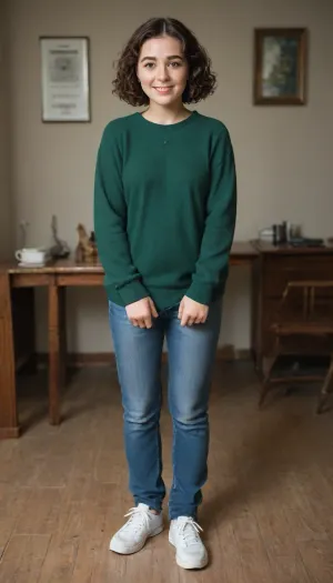 shy 28 year old woman, full body shot, (smiling), (highly detailed facial expression), (room with cheap desk), ((well-built figure)), (slightly chubby long legs:.8), (normal upper body), (short brown wavy hair), (curly bobcut), (short dark brown hair), ((standing insecurely)), small breasts, flat chest, (dark green cashmere pullover:1.1), (dark green jumper), (emerald pullover), (wearing long blue jeans:1.2), (wearing white sneakers), (well-built upper body)