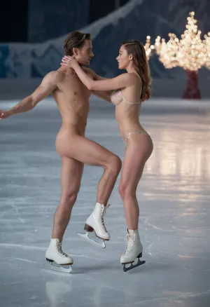 1 man, 1 woman, ice figure skaters performing on ice, naked except skating shoes, (man carrying up woman by pussy), ahegao