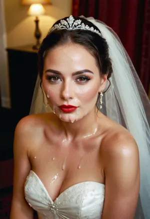 a full body image, bukkake, cumshot, facial portrait picture of the Bride face in cum facial, with heavy makeup and a lot of makeup, a lot of Cum on her face, cum on her long black eyelashes, Cum on her eyelids, Cum on her cheek skin, her face wet with Cum, Cum on her red lips. cum on her wedding tail., woman, cum, on, face, <lora:JustCum:1>