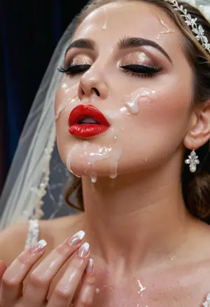 a full body image, bukkake, cumshot, facial portrait picture of the Bride face in cum facial, with heavy makeup and a lot of makeup, a lot of Cum on her face, cum on her long black eyelashes, Cum on her eyelids, Cum on her cheek skin, her face wet with Cum, Cum on her red lips. cum on her wedding tail., woman, cum, on, face, <lora:JustCum:1>, Blowing, A, Kiss, From, Hand, <lora:323398_training_data:.8>