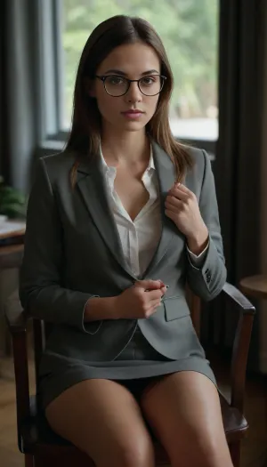 A highly detailed and realistic portrait of a young woman with an intellectual yet attractive appearance. She has a delicate face, smooth fair skin and long, straight brunette hair. Her expressive eyes are framed by round glasses with thin frames, giving her a sophisticated and diligent look.

She is wearing a business suit, with an open jacket and shirt showing her natural breasts, and no panties. She is sitting on a chair in a relaxed position, her leg slightly to the side, her pussy visible, holding a notebook in her right hand as she takes a break from checking her homework. Her gaze is calm and thoughtful, as if she is deep in thought on holiday. Her pose exudes elegance and intelligence, combining a sense of concentration with a subtle shyness.

The setting is an office with a notepad and pen scattered on the desk, emphasising the theme. The lighting is soft and natural, creating a warm glow that emphasises facial features and enhances the realism of the scene. The overall atmosphere balances between professionalism and an intriguing, seductive charm., pubis, hair, woman, natural, unshaven, women, legs spread., Long, Labia, Meaty, pussy, <lora:260797_training_data:.8>