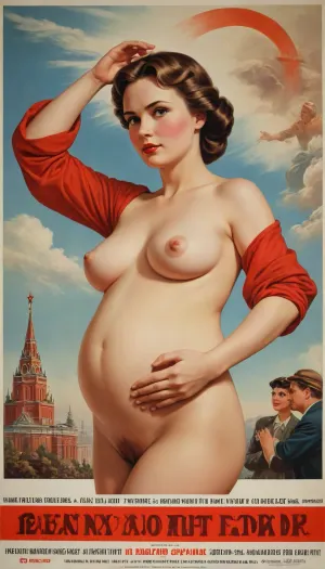 pregnant propaganda poster extolling the fertility of the soviet woman, soviet, poster, <lora:206390_training_data:2>
