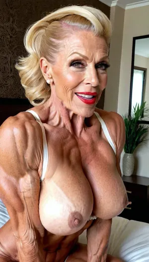 close up her pussy, lies in a bed, naked, close up her face, close up vagina, enjoy with smiling her orgasm, white net bra, plastic hair tires, bulging red lips, fake silicon closed big mouth, extreme big lips and mouth, black hair granny, very old gilf, hard muscle stiration, skinny hard muscle body, very broad big mouth, ginger ponytail hairstyle, hair, marina beaulieu milf, extremely muscular gilf, with wide muscular shoulders, abs, high muscle definition, very thin fat free skin, massive bodybuilding milf, bulging lips, granny want sex, wide mouth, round big boobs, happy sinful gilf, squatting from rear view, very short pixie ginger buzzcut hair, close up mouth, muscle_bimbo, old dominatrix lady, lora, Muscle_Bimbo_SDXL, make up, pearl jewellery