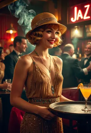 vibrant Flapper Dress, ginger bobbed hairstyle, cloche hat, silk tights, long beaded necklaces, sexy smile, laughing, flirtatious attitude, she is working in a nightclub as a hostess, (she is holding a serving tray filled with cocktails), she is busy serving packed tables while a crowd watches an enthusiastic jazz band perform, the bar is filled with high energy excitement, Masterwork, masterpiece, award winning photo, photojournalism, cinematic lighting, quality face, detailed face, drama, dynamic pose, highly detailed, best quality, perfect rendering, score_9, score_8_up, score_7_up, detailed texture, sharp focus, brilliant contrast, detailed skin texture, highly detailed body, high resolution, maximum detail, 1920s, (style), 20s, hair, Vintage, retro, Archive, photo, jazz, b4r, <lora:Vintage style - XL 1930s SDXL v1.0:1>, <lora:jazz_b4r:1>, <lora:style_lora_realis:1.3>, <lora:Vivid Midjourney mimic - XL SDXL v2.0:.8>