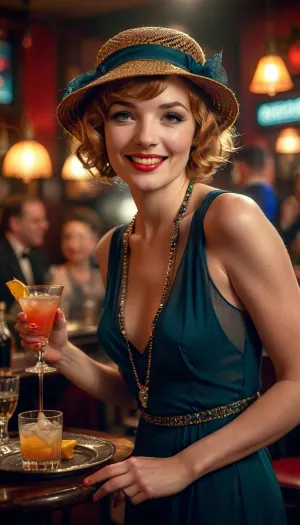 vibrant Flapper Dress, ginger bobbed hairstyle, cloche hat, silk tights, long beaded necklaces, sexy smile, laughing, flirtatious attitude, she is working in a nightclub as a hostess, (she is holding a serving tray filled with cocktails), she is busy serving packed tables while a crowd watches an enthusiastic jazz band perform, the bar is filled with high energy excitement, Masterwork, masterpiece, award winning photo, photojournalism, cinematic lighting, quality face, detailed face, drama, dynamic pose, highly detailed, best quality, perfect rendering, score_9, score_8_up, score_7_up, detailed texture, sharp focus, brilliant contrast, detailed skin texture, highly detailed body, high resolution, maximum detail, 1930s, (style), 30s, hair, Vintage, retro, Archive, photo, jazz, b4r, <lora:Vintage style - XL 1930s SDXL v1.0:1>, <lora:jazz_b4r:1>, <lora:style_lora_realis:1.3>, <lora:Vivid Midjourney mimic - XL SDXL v2.0:.8>