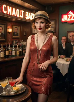 vibrant Flapper Dress, ginger bobbed hairstyle, cloche hat, silk tights, long beaded necklaces, she is working in a nightclub as a hostess, she is holding a serving tray filled with cocktails, she is busy serving packed tables while a crowd watches an enthusiastic jazz band perform, the bar is filled with high energy excitement, Masterwork, masterpiece, award winning photo, photojournalism, cinematic lighting, quality face, detailed face, drama, dynamic pose, highly detailed, best quality, perfect rendering, score_9, score_8_up, score_7_up, detailed texture, sharp focus, brilliant contrast, detailed skin texture, highly detailed body, high resolution, maximum detail, 1930s, (style), 30s, hair, Vintage, retro, Archive, photo, jazz, b4r, <lora:Vintage style - XL 1930s SDXL v1.0:1>, <lora:jazz_b4r:1>