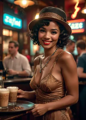 vibrant Flapper Dress, black afro hairstyle, cloche hat, silk tights, long beaded necklaces, sexy smile, laughing, flirtatious attitude, perfect teeth, she is working in a nightclub as a hostess, (she is holding a serving tray filled with coffees), she is busy serving packed tables while a crowd watches an enthusiastic jazz band perform, the bar is filled with high energy excitement, Masterwork, masterpiece, award winning photo, photojournalism, cinematic lighting, quality face, detailed face, drama, dynamic pose, highly detailed, best quality, perfect rendering, score_9, score_8_up, score_7_up, detailed texture, sharp focus, brilliant contrast, detailed skin texture, highly detailed body, high resolution, maximum detail, 1930s, (style), 30s, hair, Vintage, retro, Archive, photo, jazz, b4r, <lora:Vintage style - XL 1930s SDXL v1.0:1.1>, <lora:jazz_b4r:1>, <lora:style_lora_realis:1.1>, <lora:Vivid Midjourney mimic - XL SDXL v2.0:.8>