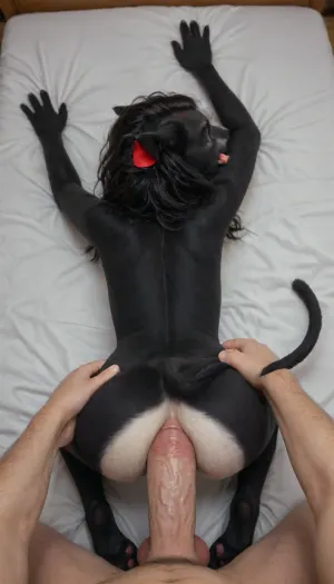 alone, full body， cute，female，young skinny furry panther, black furry body, short shoulder-length hair, black massive long hair, black panther tail, black panther ears，thick blue eyebrows，Brow extension， open their mouths slightly, with eyes closed, can be seen lying flat on the bed, Sleep ，high resolution，syncope，It's the highest quality, There is a light red stain on the bottom，Japanese，Correct Anatomy，can be seen lying flat on the bed，with a red bow on her head，The animal's white paws，Black meat pad ，Legs up，anal, pov sex from behind, close-up sex from behind, from back, hard sex with massive cock, rape, screaming, knees together, velvet, prowler, feline_hybrid, furry, lv1, rubili, yonkagor, random side, <lora:artfullyVPROW_SDXL_V1:.8>, <lora:Realistic_Feline_Hybrids:.8>, <lora:lv1_rubili_0101_new_year_il:.8>, <lora:1439051_training_data:.8>