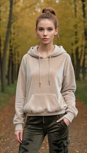 (photo taken in perfect autumn landscape, out of town:1.2), photo shows complete Person, dynamic, realistic, perfect lighting, (best shadows), 8K, UHD, clear image, (best lighting), best quality, ultra detail, fine detail, high resolution, 8k wallpaper, masterpiece, one female, (European nordic type woman 30 years old:1.5), ((skinny with slender breasts, perky tits:1.4)), (((skinny, small, petite, height 175 cm, long perfect legs, perfect round ass, autumn narrow waist, wide hips:1.5))), (detailed green eyes, short red hair, shoulder length hair, tied in a braid at the back, individual hair strands in face:.8), (very detailed face, beautiful, light freckles, tanned skin, full lips), ((wearing a detailed shimmering dark beige velvet oversize hoodie, long sleeves, big earrings:1.5), (camouflage military cargo pants, cotton fabric:1.5)), boots, (backpack:1.5), hitchhiker