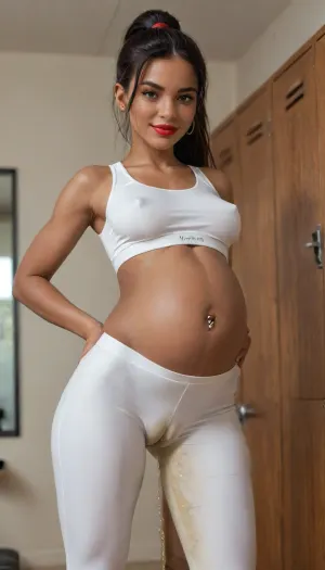 highly detailed picture of an african petite woman with a cute young face and sparkling eyes in a locker room, Ultra high detail, Hyper real, 8K, photorealitic picture, ((18 year old, black nigerian woman), (black skin:1.2), very fit, slender, pregnant, (cameltoe:1.6), (peeing pants:1.5), (pierced bellybutton:1.4), (bright red lipstick:1.3), (butt:.6), (skinny:1.1), sporty, gorgeous, small breasts, (breast leaking:1.5), long black hair in a high ponytail, (super model), (tiny butt:1.3), (wearing a white sports bra, wearing white yoga pants, smiling)), (top lifted over breasts), medium wide shot, bokeh shot, looking at viewer, (SDXL_BetterFaces-LoRA_v1), <lora:SDXL_BetterFaces-LoRA_v1:.9>, <lora:Beautify-Supermodel-SDXL:1>