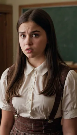 Movie scene from a low budget horror film, 18 year old girl, long dark brown straight hair, brown eyes, big cheeks, big lips, big chin, curvy body, hourglass figure, small waist, big thighs, dressed like a schoolgirl, opened button-up shirt, natural saggy breasts, bra showing, scared, hiding from someone, us, 2019, film, style, <lora:us 2019 film style:.8>
