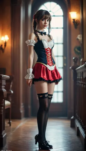 Petite 18-year-old cosplayer girl, full length, erotic cosplay, underwear, small body, stockings, shoes, <lora:MJ52:1.1>