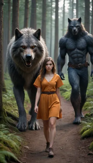 A furry girl walks through the forest, against the background of a werewolf servant, realistic photo