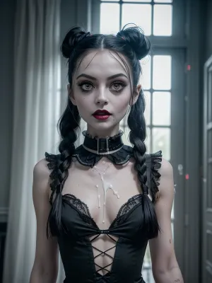 facing camara, 1 girl solo, sppoky moonlight mansion in distance, (intricate detailed Wednesday Addams face), intensely proud expression, (huge dark eyes with detailed black iris:1.2), dark bllod red lipstick detailed high collar buttoned black gothic top, very long very thick black briaded pigtails hair, several strings of thick lumpy white cum splashed across her face, (after bukkake:1.3), lots of cum on her, (cum on hair:1.5), after messy bukkake, several strings of thick lumpy white cum splashed over her hair, cum dripping, high detail, sharp focus, perfect lighting, awesome, dslr, 4k high quality. extra detail, extra sharp, magical, perfect moment, natural skin, pores, w3dn3sd4y, ziprealism, detailxl, res, 8k, raw, photo, epiCNegative, <lora:photorealistic02:.3>, <lora:weight_slider_v2:-1>