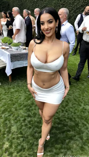 wearing a, white short dress, earrings, walking at a gardenparty, crowd, 35 year old beautiful curvy arab babe, tan skin, flat stomach, slender waist, wide hips, seductive smile, long black hair, top, spaghettitop