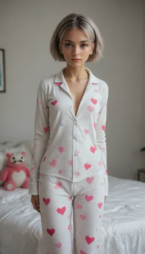 score_9, score_8_up, score_7_up, bea_, (pokemon), pokemon, 1girl, grey_hair, grey_eyes, hips, lean back, asimetrical pose, sexy pose, small body, very skinny, small ass, narrow hips, narrow and long chest, (((white onesie pajamas with pink heart print completely open at the front with tits clearly visible)))