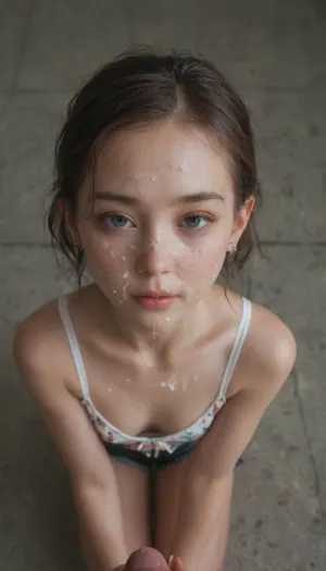 pov looking down at a Very Skinny stunning petite innocent 18 year old filipina teenager with firm round fake tits, (half asian), (half irish), (young:1.2), view from in front and above, looking down at girl kneeling on floor, she is looking at you with adoration in her eyes, (((she has cum splashed on her face))), (cum facial:1.8), (lots of cum), (bukkake:1.8), lotus flower in her hair, she is wearing a white floral bikini top, cutoff jean shorts, (young:1.7), cleavage, LL_FILIPINA, <lora:744261_training_data:.9>