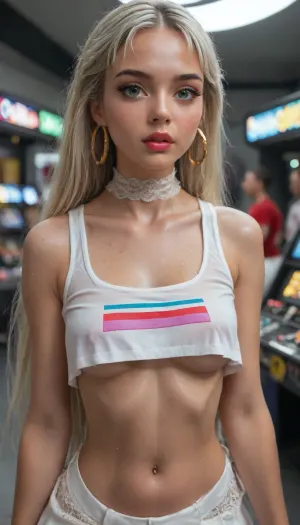 (((Platinum ash blonde hair))), (((very petite young girl))), focus face, (((detaled blue green eyes))), (Close-up girl), chel el dorado, extremely beautiful face, long shiny hair, wet skin, tight choker, large hoop earrings, sweaty skin, blush, firm round breasts, jeweled navel piercing, (lace-up pink fishnet stockings), arcade, (((Underboob))), sports bra, ((white mini micro skirt)), high thong, headphones with feline ears, (((moles all over the body))), (ultra realistic:1.3), (maximum quality:1.3), (high resolution:1.3), (extreme detail:1.3), (ultra realism:1.3), (maximum detailed skin:1.3), (((long big thick black eyelashes))), ((narrow waist)), ((wide hips)), ((makeup)), ((blush)), (lipstick), (shock)