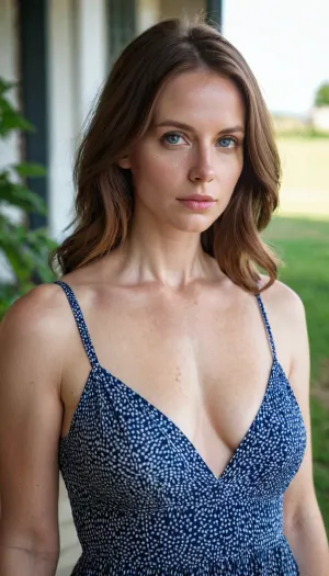 Young wife, 33 years old, mother, very pale skin, Large hips, small sagging breast, brown hair, blue eyes, long summer dress, Full photo.
Photorealistic