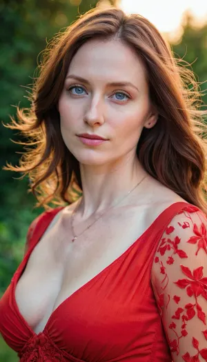 Young wife, 33 years old, mother, very pale skin, Large hips, (very small saggy Tits), brown hair, blue eyes, red long summer dress, . Full photo.
Photorealistic