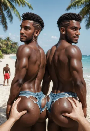 POV view of 2 black african gays twins brothers in front of man, identical twins dark black skin boys, african gays twins, sweet 18-years-old twins brothers, small bodies, indentical, wearing torn ripped thong, shy smiling faces, looking to the viewer, shy boys, bubblebutt exposed, exhibiting round ass, (big ass:1.5), front close view, on sunny beach palm trees, darkligts, POV, grabbing buttcheeks, grabbing ass