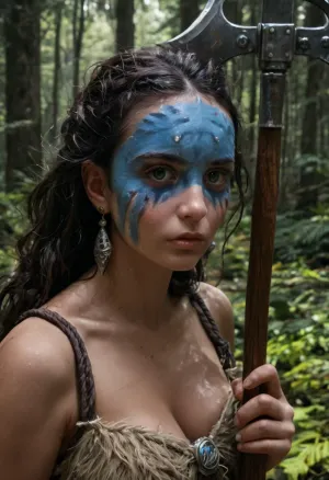 beautiful female barbarian warrior wearing blue face paint and loincloth, holding a battle axe, blue eyes, in a deep rapid river in a forest in twilight in the style of Boris Vallejo and Pino Daeni, part nude, (boobs:1.5), face closeup, 8k sharp focus, highly detailed, photorealistic, <lora:dark:.8>