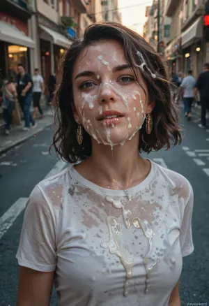 medium shot on woman, fully clothed, walking down busy street, facialized, cum covered face, (cum on face:1.4), cum on shirt, (cum on clothes:1.3), <lora:cumwalk-10:.8>, <lora:facialized:.8>