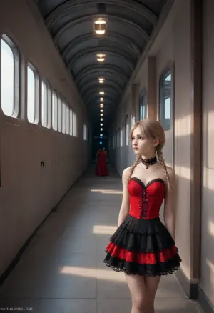 Spanish woman with light brown hair, braided single pony tail, prominent high cheekbones, angular jaw, BREAK, (black lace collar, black lace choker, tight black and red burlesque corset, ((short layered lace skirt), (short burlesque dress:1))), ((Victorian style decor, (spaceship), (spaceship corridor), high class spaceship corridor, airlock door, airlock hallway, brothel spaceship)), soft light, muted light, dim light