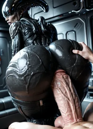 xenomorph, black hetin, black chitin, black leather, narrow waist, massive ass, (ass:1.9), grab by the ass, dick between the buttocks, sex vagina, hoge cock, massive cock, (huge cock:1.5), eggs, rear view.