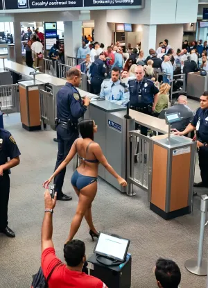 inside a TSA security checkpoint at a busy airport, ((travelers going through a security checkpoint)), cctv footage, high angle, 3/4 view, closeup on a gorgeous chubby Instagram model dark brown skin south indian woman gets a cavity search in public airport security checkpoint, metal detector wand, (airport security agents are pulling her clothes off), several fully clothed men stand behind her grabbing her and fondling, ((squeezing her tits hard:1.2)), she's being bent over stripsearched, (she's wearing fitness attire), (the men are wearing airport security attire), fingers inside pussy, she looks very upset, they all look at each other, CCTV, Style, (she has furled brow), (many, hands, caress, a, woman's, body:1), airport, crowd, Airport, undressing, <lora:SDXL-CCTV-Style-Lora:1.2>, <lora:realfilm_xl_v1:1.2>, <lora:JJsAirport_XL:.8>, <lora:undressing_XL_v1:.4>, <lora:clothed_small:.5>