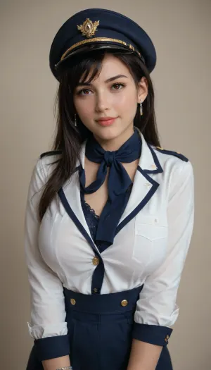Tifa lock hart, A portrait of a female flight attendant standing confidently against a plain beige background. She has a bright smile and friendly expression, with neatly styled hair adorned by a blue hat. Her attire is a fitted dark blue uniform dress that highlights her professional demeanor, complemented by a matching neck scarf. Accessories include a name badge attached to her uniform, full sleeves, a blue bracelet, and sheer black tights. The lighting is soft, highlighting her facial features while maintaining a polished look. The composition is centered, emphasizing her pose and attire, creating a portrait that exudes professionalism and approachability, curvy body, huge natural breasts, breasts covered.