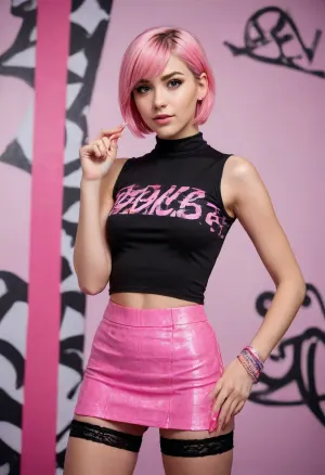 Hyperrealistic studio photograph of a stylized 18-year-old woman, with a vibrant and bold pop art atmosphere. The image was carefully crafted in a professional studio.
The model has short pastel pink hair, fair skin, and large eyes of an intense pink hue, an atypical and striking color achieved through special contact lenses. This detail is essential to enhance her anime appearance and should be clearly visible in the image.
She strikes a sensual and playful pose, leaning slightly to the side, with a teasing smile and direct eye contact with the viewer. Her left hand forms a peace sign near her right eye, while her right hand rests on her hip, accentuating the curve of her waist.
A very short, sleeveless black top with a neon pink graphic design. It hugs the chest and exposes the abdomen. Extremely short, high-cut, pleated pink microskirt that reveals the smooth pussy and fishnet stockings she's wearing underneath. Thigh-high black fishnet stockings paired with opaque black ankle-length stockings. Black choker with a metal hoop in the center. Several bracelets of various styles, (metal, beaded, woven), and small, dark circular earrings.
The image was taken in front of a white cyclorama wall decorated with digital graffiti in pink, black, and white, including abstract shapes, curved lines, and pop-style typography. The background complements the model's style and personality.
