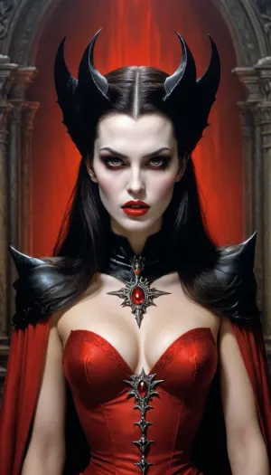a woman Looks like a vampire queen, (((Dracula's, two long sharp fangs))), an airbrush painting, by Luis Royo, michael whelan and karol bak, (((vampire queen with red eyes))), symmetrical epic fantasy art, art style hr giger and beksinski, fantasy skull, boris vallejo and tom bagshaw, cute face. dark fantasy, colorful, high detail, impeccable image quality, ultrarealism, Ivan, Bilibin, Style, page, <lora:Ivan Bilibin Style:.5>