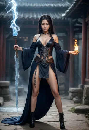 Beautiful sexy Chinese witch, sexy witch clothes, full body, with runic tattoo, prepares an ice stake spell, an electric aura swirls around the witch, lightning falls around the witch, the witch has an arrogant smile, action pose, perfect skin, prompt respect, <lora:add-detail-xl:.8>