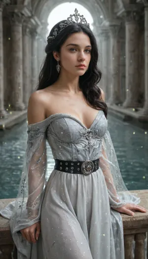 (masterpiece, best quality, highres, photorealistic), breathtakingly beautiful Arwen Undómiel, elven princess of Rivendell, standing gracefully under the moonlight, surrounded by ancient elven architecture and cascading waterfalls, deep silver-blue eyes radiating wisdom and mystery, high cheekbones, delicate facial structure, flawless porcelain skin with a subtle ethereal glow, full, soft pink lips slightly parted, long, flowing, wavy jet-black hair cascading over her shoulders, illuminated by the celestial glow, wearing an elegant, flowing silver silk gown adorned with intricate elven embroidery, wide ethereal sleeves draping gracefully, cinched at the waist with a delicate silver chain belt, elven tiara resting upon her forehead, intricate filigree reflecting the moonlight, misty ambiance, soft glowing particles floating in the air, cinematic lighting, ultra-detailed textures on fabric, glowing reflections on water, balanced color grading, sharp depth of field with blurred background, ultra-sharp focus, 8K resolution.
