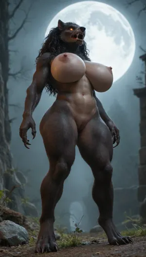 Medieval.random angle, view from below. Fantasy art.high definition. female werewolf, furry, under full moon, massive breasts, modern-werewolf, full naked, very wide hips, huge ass, a big bulging pussy, claws on her hands, glowing eyes, big sharp claws, fangs, long black fur, she was overcome with sexual passion at the thought of all the men who would soon fuck her.
