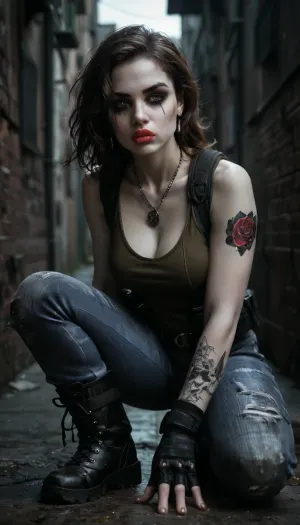Beautiful strong fit woman, (dark brown hair, loose), high cheek bones oval face, full lips, pale red lips, (Pale skin:1.8), (bright hazel eyes, dark eyeliner and smokey eye shadow), (Wearing tactical armor, light low rise jeans and black steel toed heavy combat boots, Also wearing black fingerless gloves), (heavy silver chain necklace), (anarchy tattoos), (focused body language and facial expression), (in dark alley), (night), realistic detailed face, detailed hair, realistic detailed body, realistic detailed skin, realistic detailed large sagging breasts, realistic detailed hairy pussy, random view angle, action pose, detailxl, <lora:add-detail-xl:1.5>, <lora:style_lora_realis:.5>, <lora:dark:1>