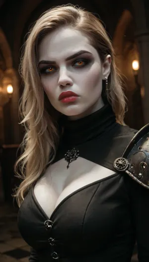 Beautiful strong fit woman, (light brown hair, slicked), high cheek bones oval face, full lips, pale red lips, (Pale skin:1.9), (bright hazel eyes, dark eyeliner and smokey eye shadow), (Wearing somber faded black dress with subtle embroidery, no sleeves, with a high collar and high black boots, reinforced with armor), (serious body language and facial expression), (dark gothic castle interior), (night), realistic detailed face, detailed hair, realistic detailed body, realistic detailed skin, realistic detailed large sagging breasts, realistic detailed hairy pussy, random view angle, action pose, detailxl, <lora:add-detail-xl:1.5>, <lora:style_lora_realis:.5>, <lora:dark:1>