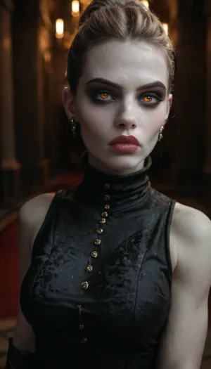 Beautiful strong fit woman, (light brown hair, slicked), high cheek bones oval face, full lips, pale red lips, (Pale skin:1.9), (bright hazel eyes, dark eyeliner and smokey eye shadow), (Wearing somber faded black dress with subtle embroidery, sleeveless, with a high collar and high black boots, reinforced with armor), (serious body language and facial expression), (dark gothic castle interior), (night), realistic detailed face, detailed hair, realistic detailed body, realistic detailed skin, realistic detailed large sagging breasts, realistic detailed hairy pussy, random view angle, action pose, <lora:add-detail-xl:1.5>, <lora:style_lora_realis:.5>, <lora:dark:1>, detailxl