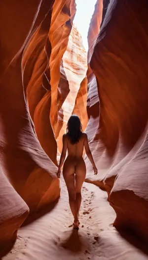 Ultra detailed realistic, walking through a narrow slot canyon, dusty light rays, red desert layered smooth rock walls, sandy ground, nude woman, viewed from behind