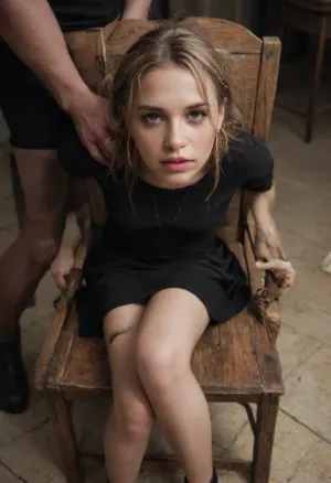 39 year old female, podgy body type, blonde hair tied up in a bun, sitting on chair, black dress, skirt, black sheer pantyhose, looking up her skirt, view from beside, view under her skirt, focus on her lace briefs panties, close-up on her panties, cute panties, sultry stare, torture chair, ropes, forced to pose, captured woman, rape fantasy, saying help me, save me pose, Ransome video stills, bondage roleplay, being kidnapped, abduction, rape scene, doused in water, soaking wet, wet hair, please save me image, in the basement, torture scene, held captive for ransom, playing as a dead body in a movie, scene from a horror movie, Texas chainsaw massacre movie, scene frame from a movie, lifeless, <lora:Chubby BBW - XL:.5>, <lora:hrg:.7>, <lora:MS_Real_XL_Bukkake:.6>