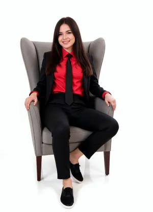 girl, argentina, black hair, full body, 18 years old, smile, sit on chair, perfect pussy, black suit, red office shirt long sleeve, black tie, black sneakers, white background