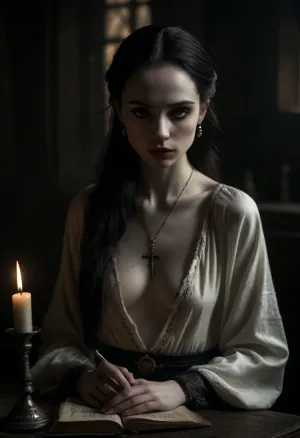 Beautiful slender Eastern European woman, (long straight jet black hair slicked back), (angular and refined face with high cheekbones and a narrow nose), full pale lips, (Pale skin:1.9), (Deep set dark brown eyes), (smokey eye makeup), (Wearing somber faded black robes with subtle embroidery, long-sleeved, with a high collar and soft black boots, reinforced with chain mail armor), (A small occult pendant), (reserved expression), (interior dark medieval monestary background), (night:1.6), (sitting at table holding a old dusty book), realistic detailed face, detailed hair, realistic detailed body, realistic detailed skin, realistic detailed saggy breasts, realistic detailed hairy pussy, random view angle, (Calm garceful pose), (full body view), (looking at viewer), detailxl, <lora:add-detail-xl:1.5>, <lora:style_lora_realis:.5>, <lora:dark:1>