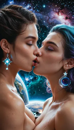 lesbian couple kissing, (high detailed faces), big spaceship illuminator background, stars, nebula