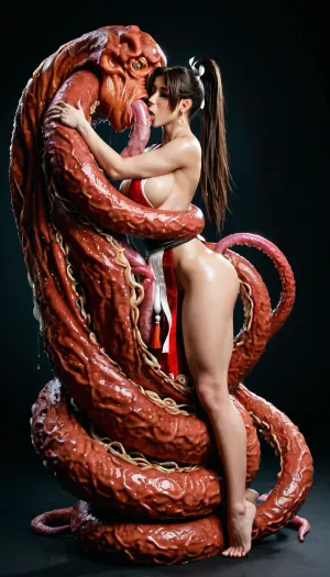 mai shiranui, full body hug, monster, slob monster, tentacles, vore, boob sucking, body suck.